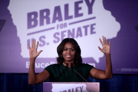 First Lady of the United States Michelle Obama speaking at an "Iowa Votes Rally" for U.S. Senate candidate Bruce Braley.