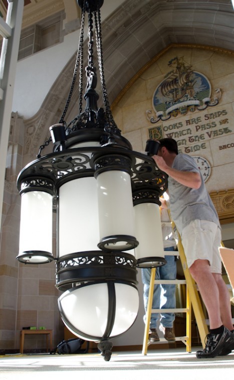 Booth Library chandeliers get TLC