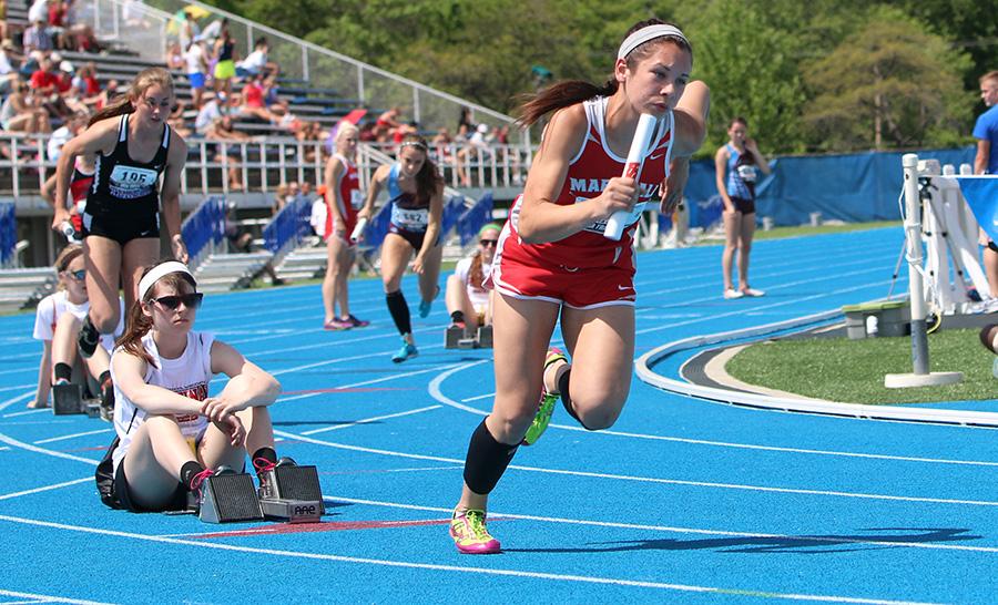 Hannah Jones, a senior at Marshall High School, takes off out of the blocks during the 4x400 meter relay during the class 1A semifinals at the IHSA Girls State Final Track Meet Thursday at O’Brien Stadium. The Marshall relay team finished with a time of 4 minutes, 8 seconds.