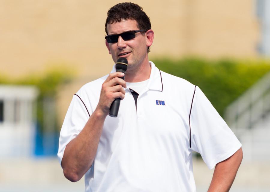 Jason Howell | The Daily Eastern News

 Athletic director Tom Michael speaks briefly to the freshman and transfer students after the new student photo on Friday at OBrien Field.