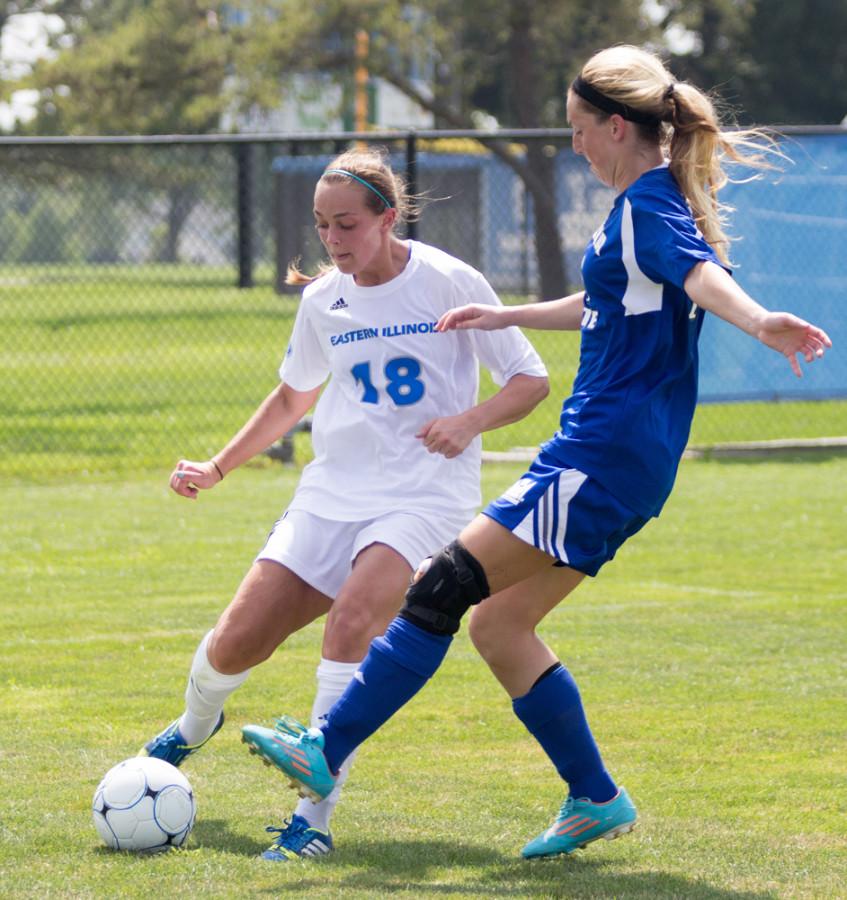 Jason Howell | The Daily Eastern News 

Red-shirt sophomore defender Lindsey Marino maneuvers the ball away from an opponent in a game on Sunday at Lakeside Field.  The Panthers lost to the Indiana State Sycamores 2-0.  The Panthers are 0-2 overall.