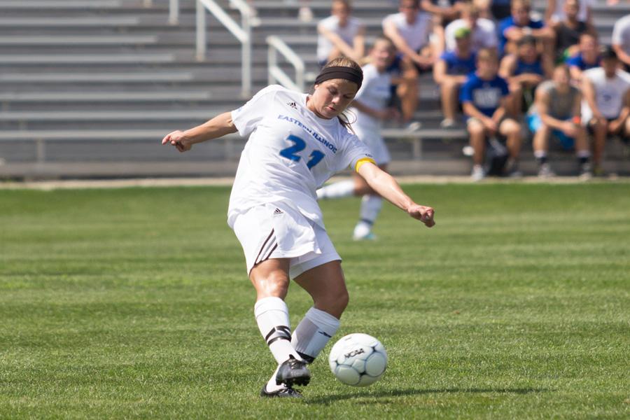 Megan Radloff, a senior forward, attempts to move the ball upfield against Indiana State on Sunday at Lakeside Field. The Panthers lost 2-0.