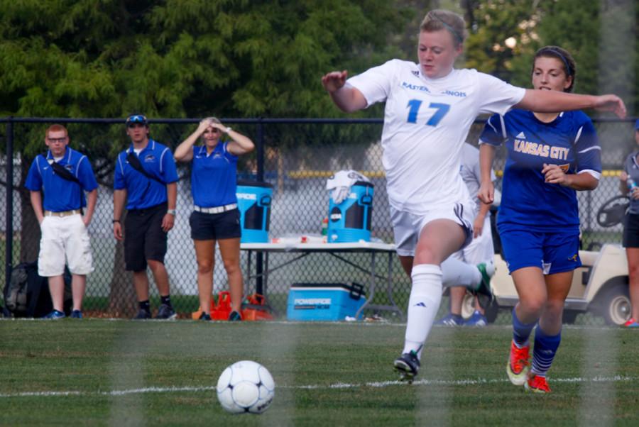 Dominic Baima | The Daily Eastern News
Kathleen MacKinnon, a sophomore forward, attempts to shoot a goal Friday during the game against the University of Missouri – Kansas City. The Panthers lost the game 4-1.