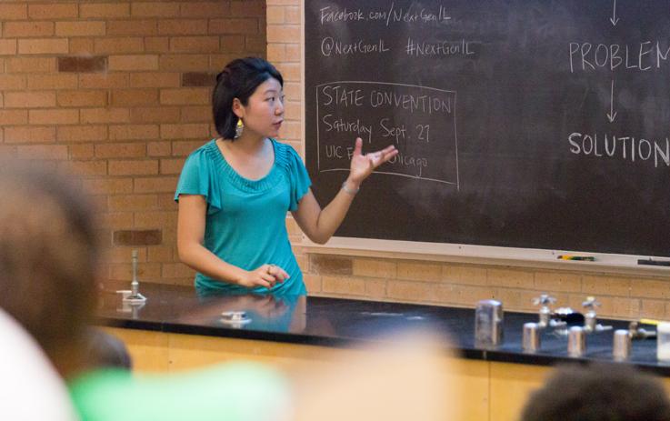 Grace Pai, the outreach fellow for NextGen Illinois, discusses issues and solutions that young people in Illinois face on Tuesday in the Phipps Lecture Hall.