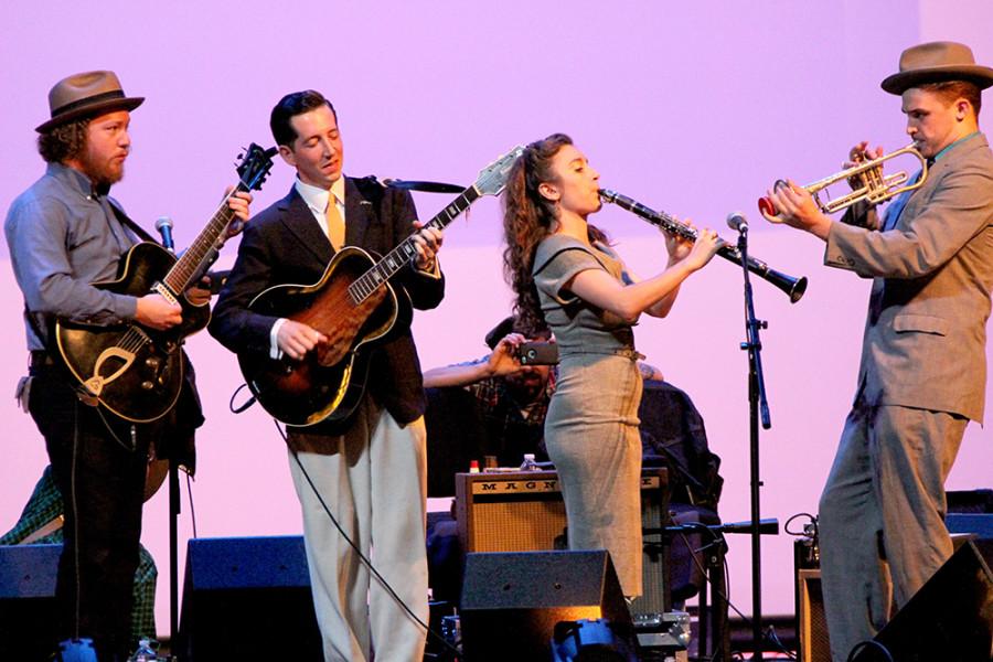 Pokey Lafarge performs with members of his band Monday during the Pokey Lafarge Central Time Tour in the Dvorak Concert Hall in the Doudna Fine Arts Center.