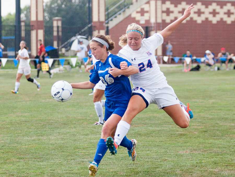 Freshman forward Chloe Gottschalk fights with junior midfielder Erica Stewart in a match on Aug. 31 at Lakeside Field.  The Panthers lost to Louisiana Tech 3-1.  After tieing with the University of Wisconsin-Green Bay on Sunday, the Panthers are 0-6 -1 overall.