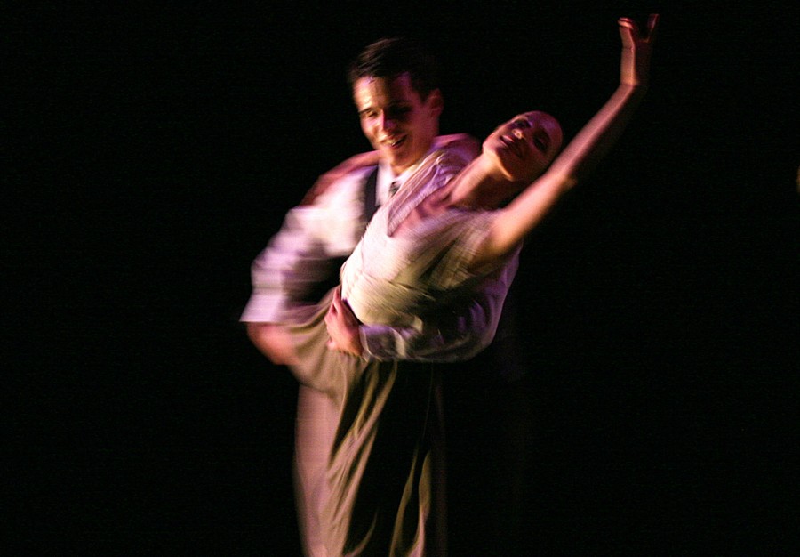 Brandon Harneck and Tenley Dorril dance to the scene True Love during the Thodos Dance Chicago performance Saturday in the black box of the Doudna Fine Arts Center. The dance told the story of two young young lovers and the maturing of a relationship over time.