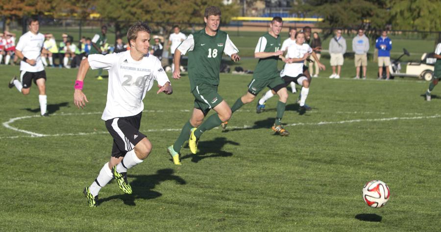 Sophmore midfielder, Nick Wegrzynowicz runs for the ball during the game against the University of Wisconsin GreenBay Tuesday at Lakeside Field.