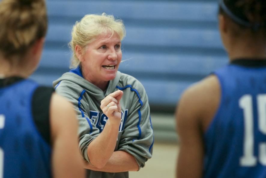 Eastern head coach Debbie Black gives instructions to her players during practice on Tuesday in Lantz Arena. Black, a native of Warminster, Penn., is being inducted into the Pennyslvania Sports Hall of Fame on Nov. 8. Black was hired as Eastern’s head coach in May 2013. The Pennsylvania Sports Hall of Fame, established in 1962, is the only community-based hall of fame in the United States.