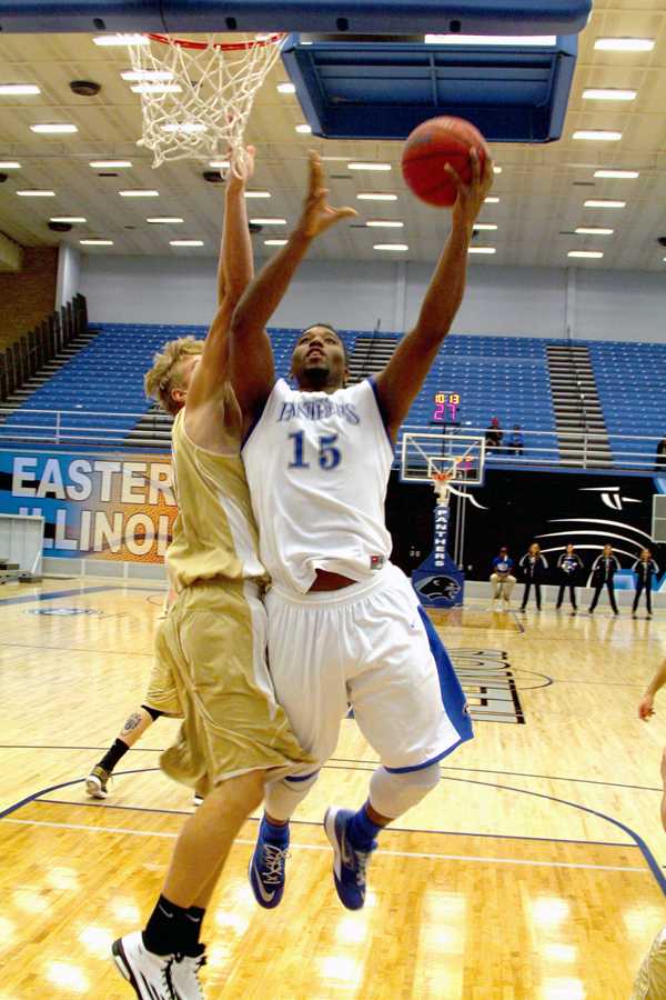 Trae Anderson, a junior forward attempts a lay-up in the exhibition game against St. Francis, Monday in Lantz Arena. The Panthers won 85-54.