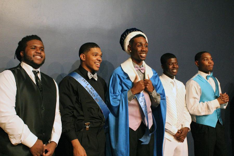 The Essence of a Man contestants pose for pictures after The Essence of a Man 2014 pagent in the Grand Ballroom of the Martin Luther King Jr., University Union. In order from left to right: Brandon Hightower, Akeem Forbes, DeVonte Dixon,  DAndre Day, and Daniel Wallace.