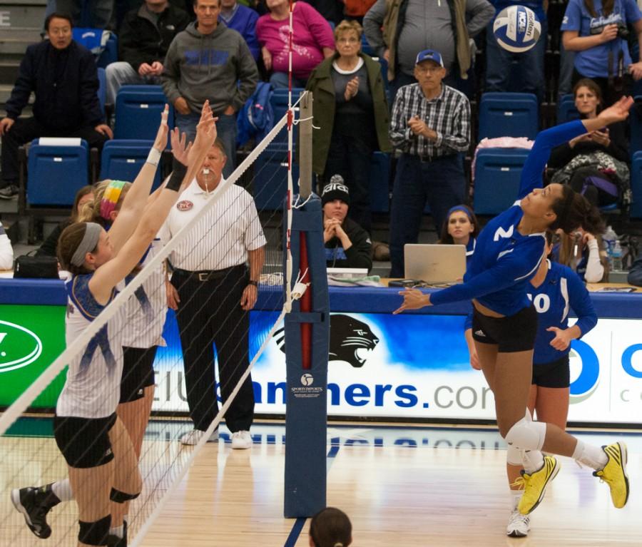 Junior+outside+hitter+Chelsea+Lee+leaps+to+hit+the+ball+during+the+Panthers+3-0+win+over+Morehead+State.++Lee+had+12+kills+and+scored+13+points+during+the+game.