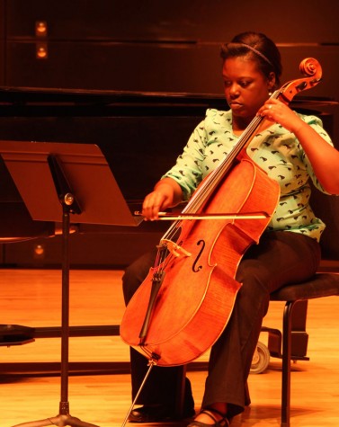 Taylor Smith, a junior music major, plays the cello in the Student Recital Series: Composers’ Forum Concert Tuesday at the Doudna Fine Arts Center in the Recital Hall. Smith has been playing cello for 10 years.