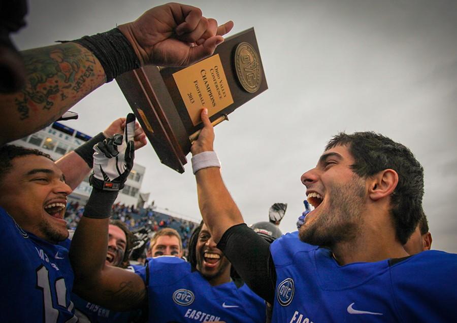 Former Eastern quarterback Jimmy Garoppolo and the Eastern football team celebrate, winning the Ohio Valley Conference title for the second straight year with a 52-14 win over Jacksonville State at OBrien Field on Sept. 16, 2013.