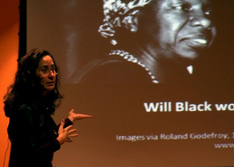 Dr. Angharad N. Valdivia, an associate professor at the University of Illinois Urbana-Champaign, discusses gender and race issues displayed in the media at the Brain, Brow, or Bootie?: Contemporary Latinidad in Popular Culture presentation in the Doudna Fine Arts Center Thursday in the Lecture Hall. Dr. Valdivia mentions several examples in today’s society that are ambiguously placed in advertisements.