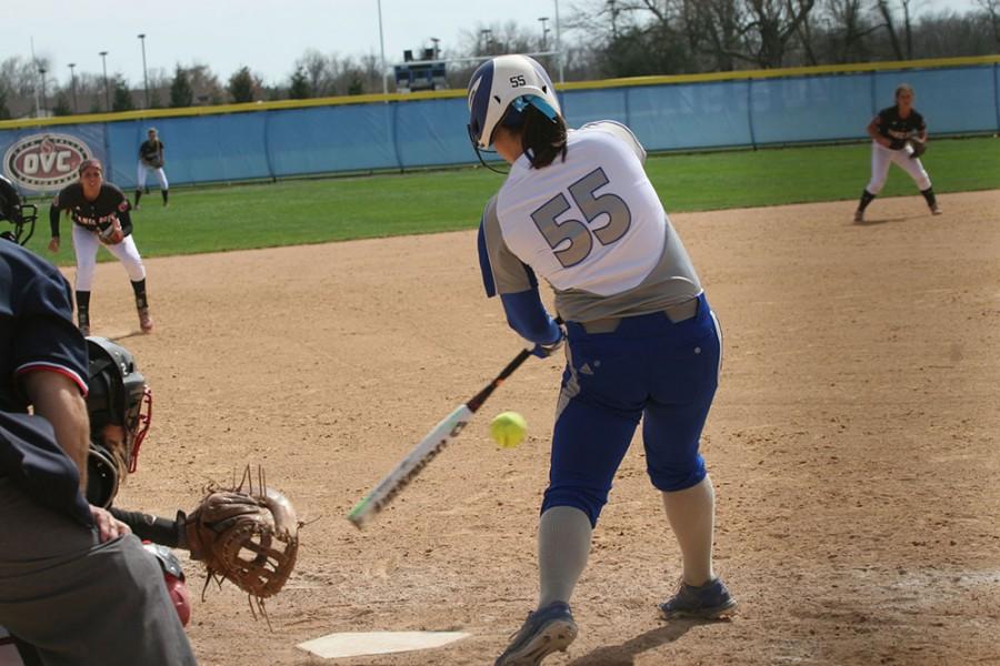 Kylie Bennett, a junior, makes a swing at the ball at the EIU vs Jackson State softball game on Sunday at the softball field.