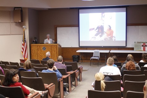 Sister Marceline Koch, a nun from the Dominican Sisters of Springfield, discusses her experiences helping refugees and displaced people due to ISIS Wednesday in the auditorium of Lumpkin Hall.