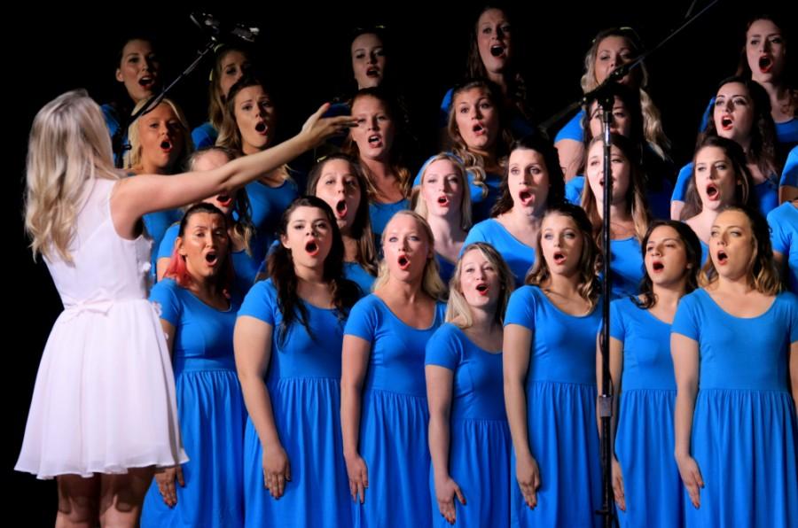 Members of the Delta Delta Delta compete in Greek Sing on Sunday in Lantz Arena.  The sorority won the competition for the seventh straight year.