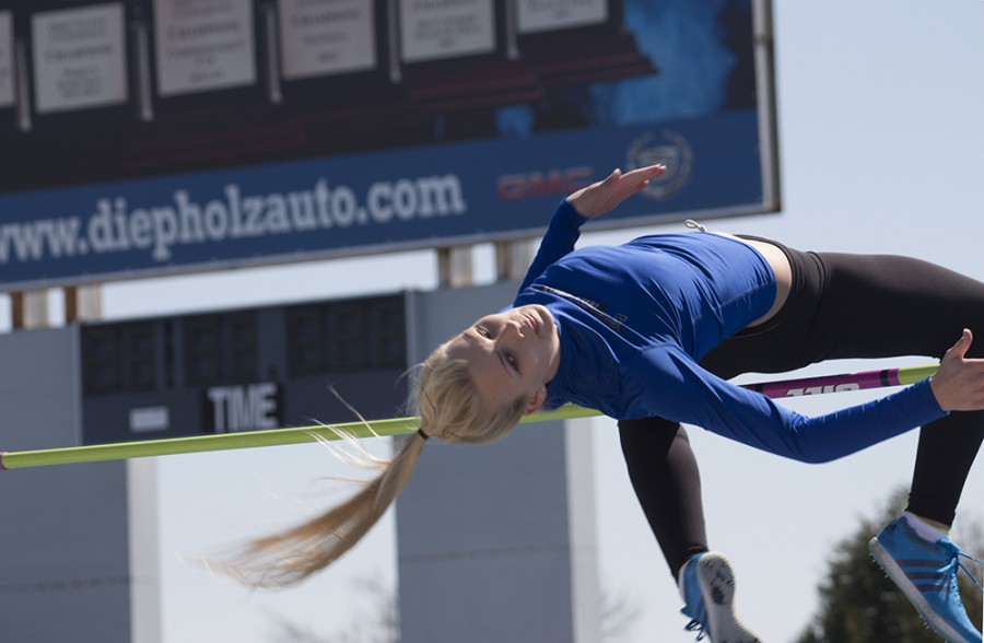  
Freshman high jumper Haleigh Knapp attempts a high jump during the EIU Big Blue Classic meet on April 4.