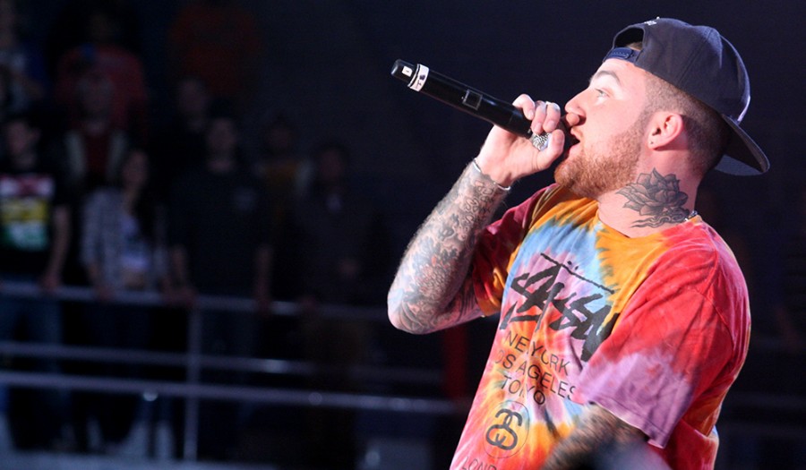Mac Miller encourages the audience to participate in a call and response song during Saturday’s Spring Concert  in Lantz Arena.