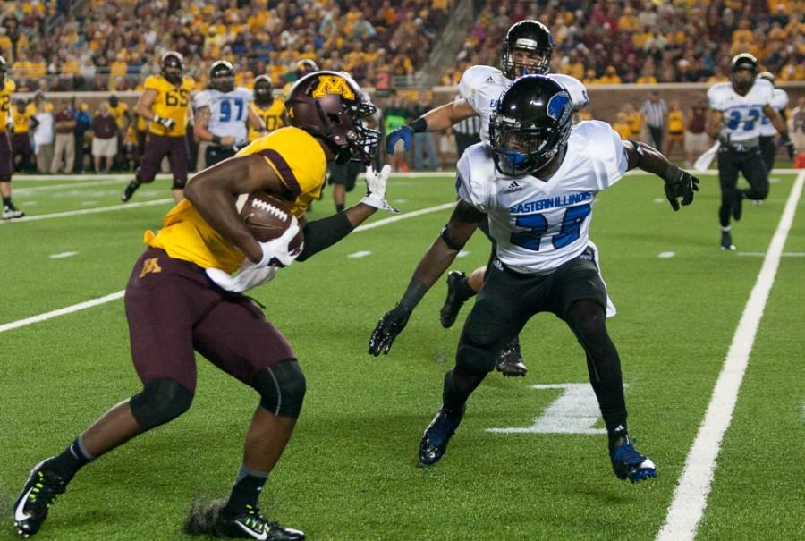 Red-shirt senior defensive back Antoine Johnson prepares to tackle an opponent during Easterns game against Minnesota on Aug. 28, 2014 at TCF Bank Stadium in Minneapolis, Minn.