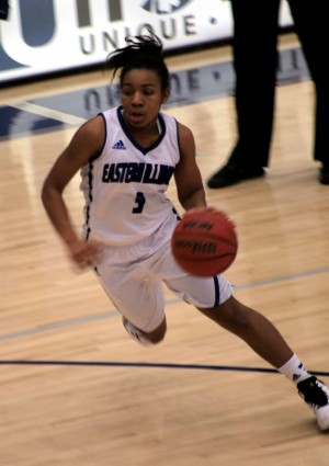 Bh’rea Griffin, a freshmen guard, brings the ball up court in the women’s basketball January 31, 2015 in Lantz Arena against Southern Illinois University Edwardsville.