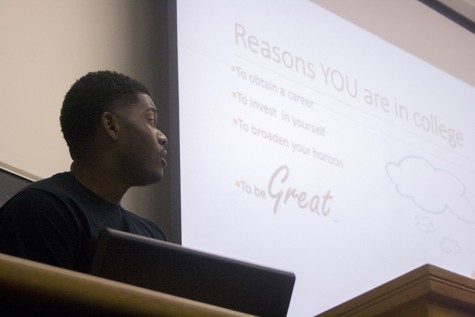 Kendel Fields, a senior health studies major, leads a discussion on surviving college during the Alpha Phi Alpha Welcome Back Forum on Wednesday in the auditorium of Coleman Hall.