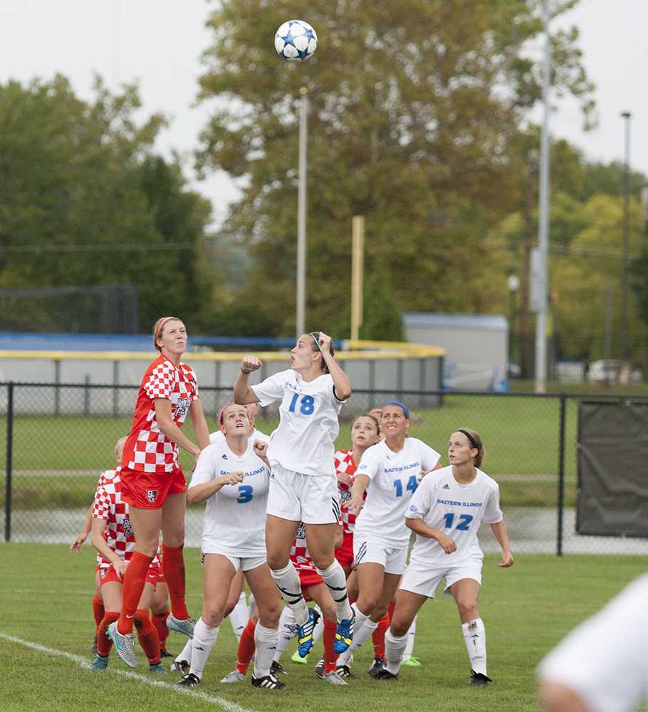 Eastern and Bowling Green State players jockey for position during a corner kick during the Panthers' 3-2 loss on Sept. 11 at Lakeside Field.