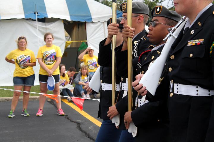 The Mattoon High School JROTC color guard marches down the parade route to present the colors during the singing of the National Anthem on saturday. The JROTC colorguard consisted of cadets Sam Uphoff, Elijah Milligan, Trenton Bitting and Toni Enlow.