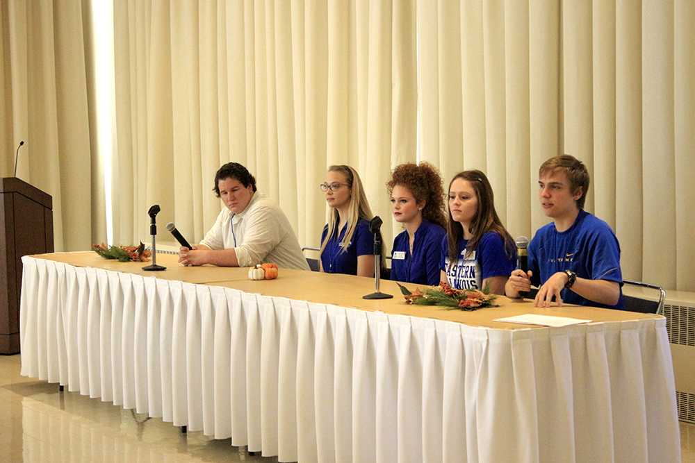 Eastern transfer students from left to right: Allan DeOrnellas, Amy Gebka, Emily Oxford, Hilary Rhode and Derek Wunder spoke at the 42nd Annual Community College Articulation Conference Wednesday in the Unversity Ballroom of the Martin Luther King Jr., Unversity Union. The students spoke about their experiences as community college students versus university students.