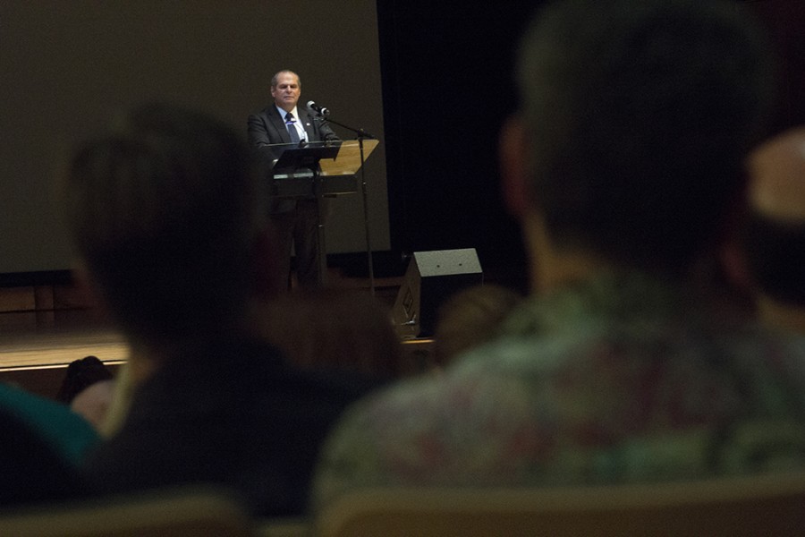 President David Glassman addresses student, faculity, staff, and community members about budget, enrollment, and community during the State of the University Address Monday in the Dvorak Concert Hall of the Dounda Fine Arts Center.