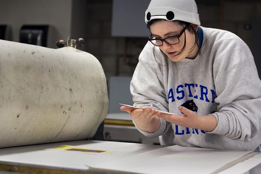 Cora Prothman, a sophomore art major, works on a intaglio print for her Printmaking I class on Thursday in the Doudna Fine Arts Center. Prothman plans on working as an animator as a career and hopes to be able to study at the California Institute of technology in the future.