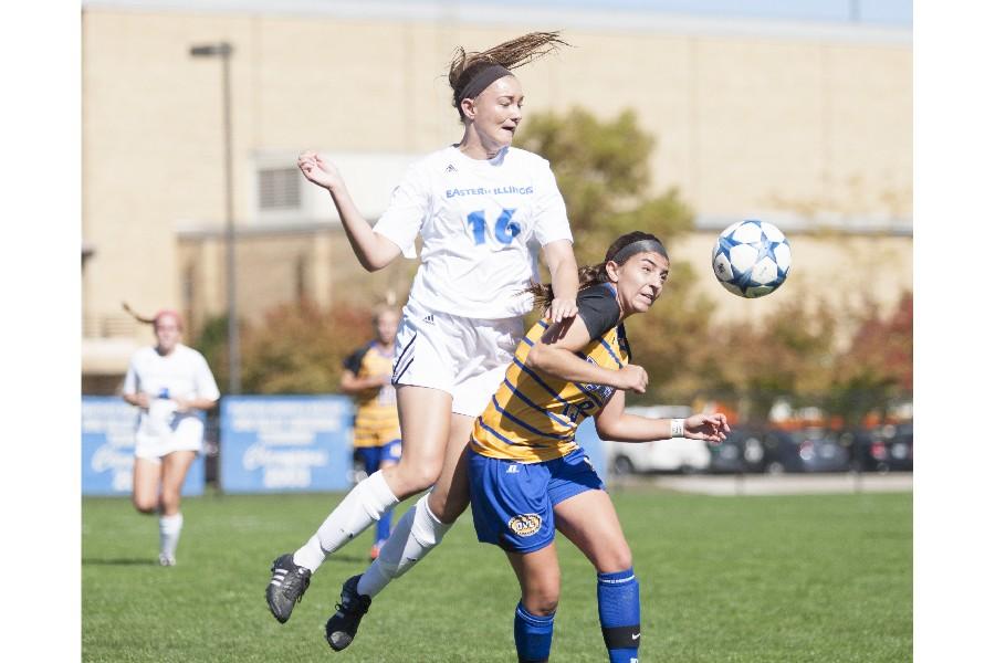 Freshman defender Kayla Stolfa hops up on the back of Morehead States Tonia Parisi  during the Panthers 1-0 loss to Morehead State on Oct. 11 at Lakeside Field.
