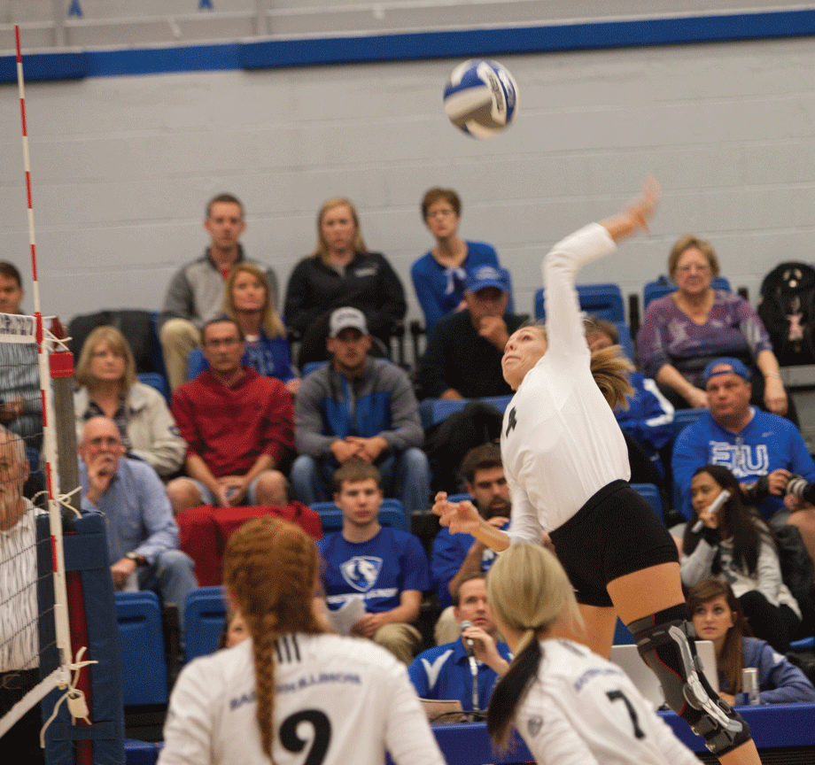 Senior outside hitter Abby Saalfrank goes up for a kill during the game against Southern Illinois University Edwardsville on Wednesday. 