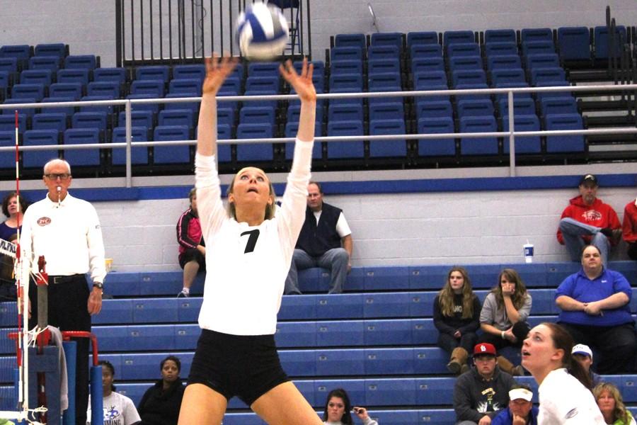 Freshman Taylor Smith sets the ball in a match against Southern Illinois Edwardsville Wednesday night in Lantz Arena. Smith had 53 assists on the night. 