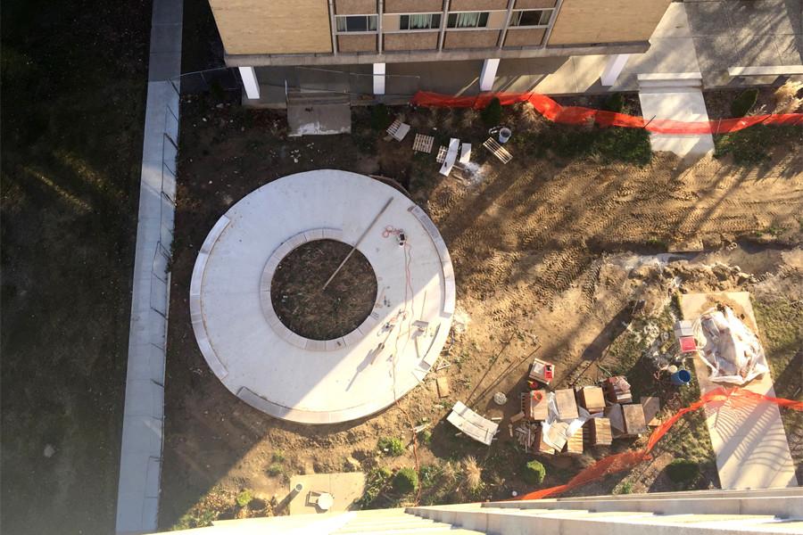 The current progression of the courtyard, as seen from the top of Lawson Hall. The courtyard is expected to be completed by May 2015.