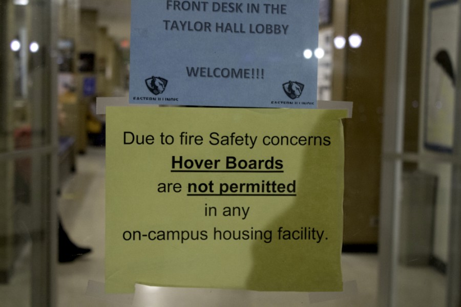 Signs that have appeared in the residence halls regarding hoverboard saftey issues on campus.