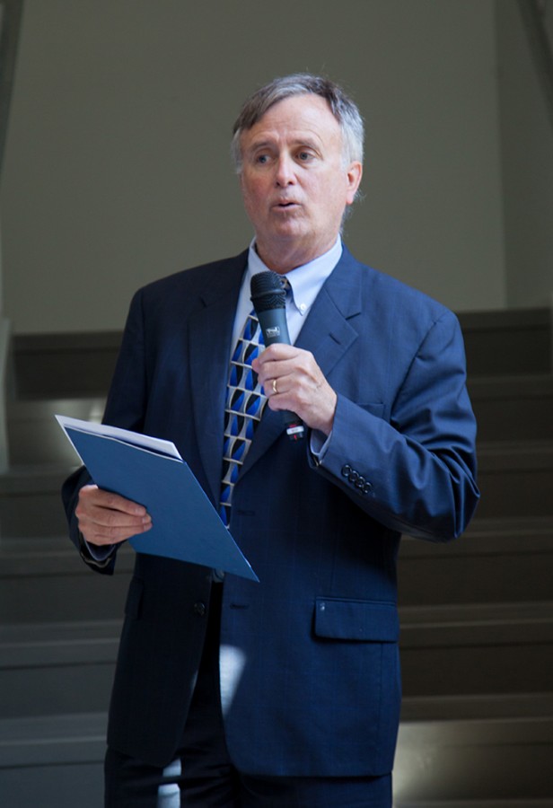 Bob Martin, Vice President of University Advancement, speaks during the dedication of the Sandra and Jack Pine Honors College on September 19, 2014, in Pemberton Hall. Martin is leaving for Central Michigan University where he will be the Vice President for Advancement.