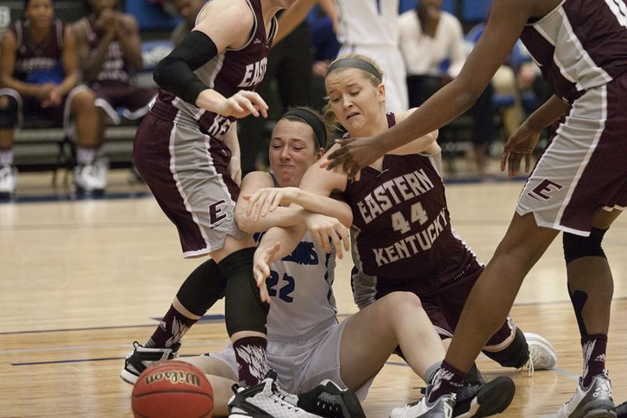 Freshman forward Brittin Boyer fights for possession of the ball during the Panthers 75-56 loss to Eastern Kentucky on Jan. 14 in Lantz Arena. The Panthers lost to Austin Peay 80-45 on Saturday in Clarksville, Tenn.