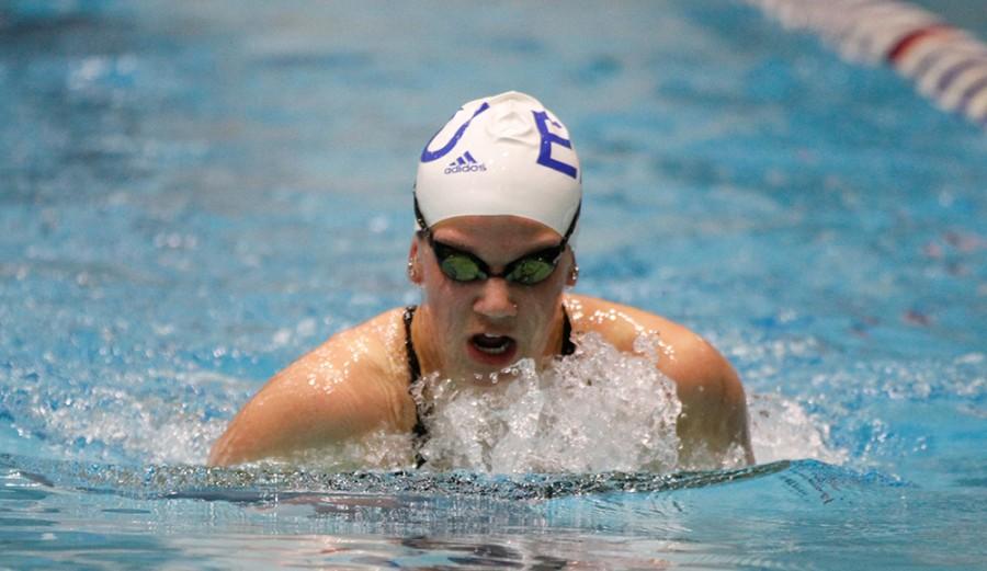 Sophomore Renae Johnson swims the 200-yard individual medley against Western and Butler at Padovan Pool on Jan. 16.