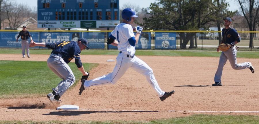 Sophomore outfielder Joseph Duncan narrowly makes it to first during the Panthers 18-7 loss to Murray State on March 28 at Coaches Stadium.  Duncan had one run on two hits during four at bats during the game.