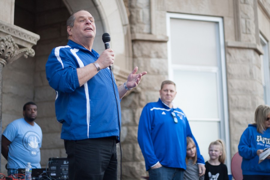 Eastern President David Glassman addresses the crowd in front of Old Main during the Surround the Castle event on Sunday.
