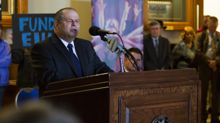 Eastern President David Glassman speaks at a press conference on Feb. 23 in the Cougill Foyer of Old Main.