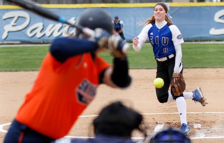 Jessica Wireman, a sophomore pitcher, pitches during the first game on Saturday against the UT Martin at Williams Field. The Panthers defeated UT Martin in all three weekend games to start 3-0 in conference play.