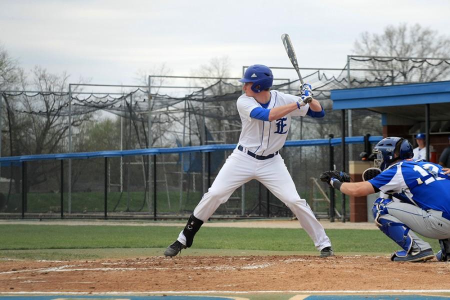 Former first baseman Adam Casson prepares to swing at a pitch coming from the mound during the game against Illinois College on April 15th, 2015 at Coaches Stadium.