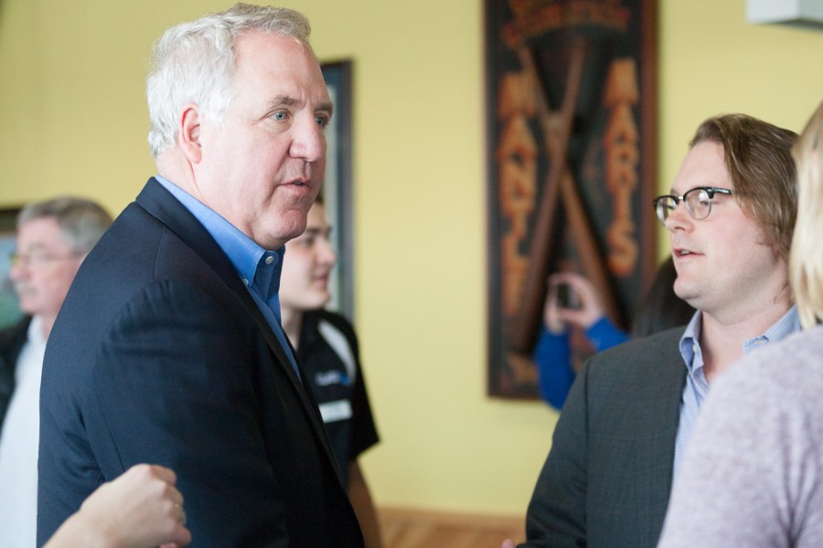 U.S. Rep. John Shimkus addresses his supporters as well as those with ties to Easern in an endorsement stop at the Stadium Bar & Grill in Mattoon.