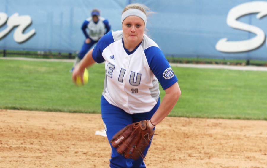  Sophomore pitcher Michelle Rogers fires a pitch in the fifth inning of the first game of a doubleheader against DePaul Wednesday at WIlliams Field. Rogers got the win in the game.