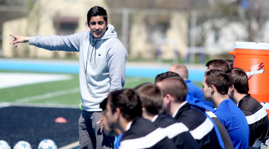 Sean Hastings | The Daily Eastern News| Coach Kiki Lara directs the mens soccer team Saturday during the game against Western at OBrien Field. Lara is the coach of both the mens and womens team.