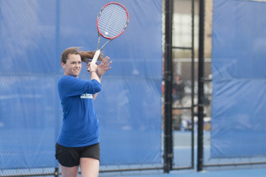 Freshman Abby Carpenter defeated Belmonts Mical Johnson 2-6, 6-2, 10-4 in singles play on April 1 at the Darling Courts. Carpenter accrued a 7-2 overall record during the regular season.