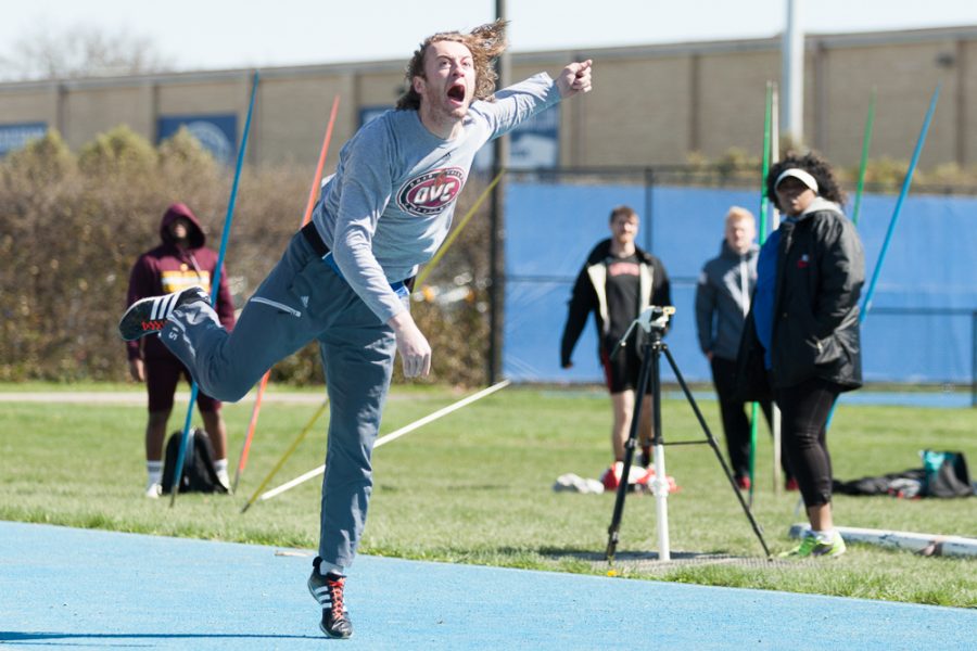 Senior pole-vaulter Eric Gordon finishes in fourth place of the javelin throw event during the EIU Big Blue Classic on April 2. The men and women both finished first.